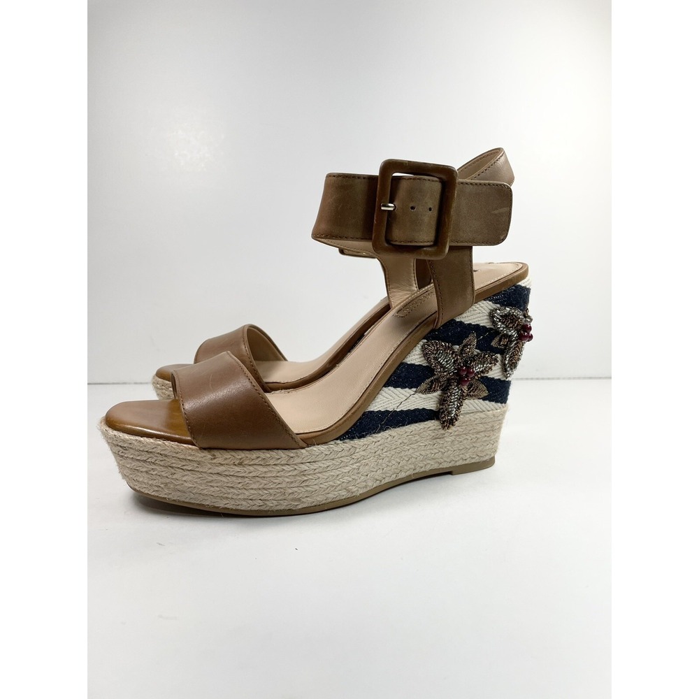 Antonio Melani Espadrille Platform Heels Tan Leather embellished Heel Size 6M